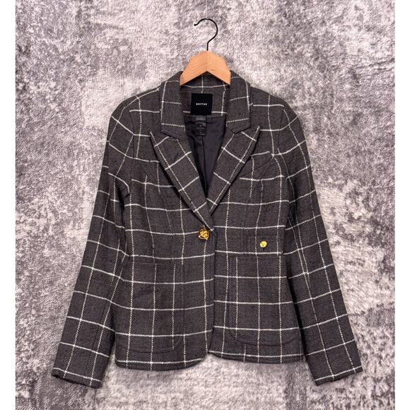 Smythe Duchess Blazer 4 Womens Wool Linen Gray Tweed Windowpane Elbow Patch - Picture 1 of 7